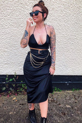 Black Satin Lace Up Plunge Triangle Bralet - Tabby-Crop Tops