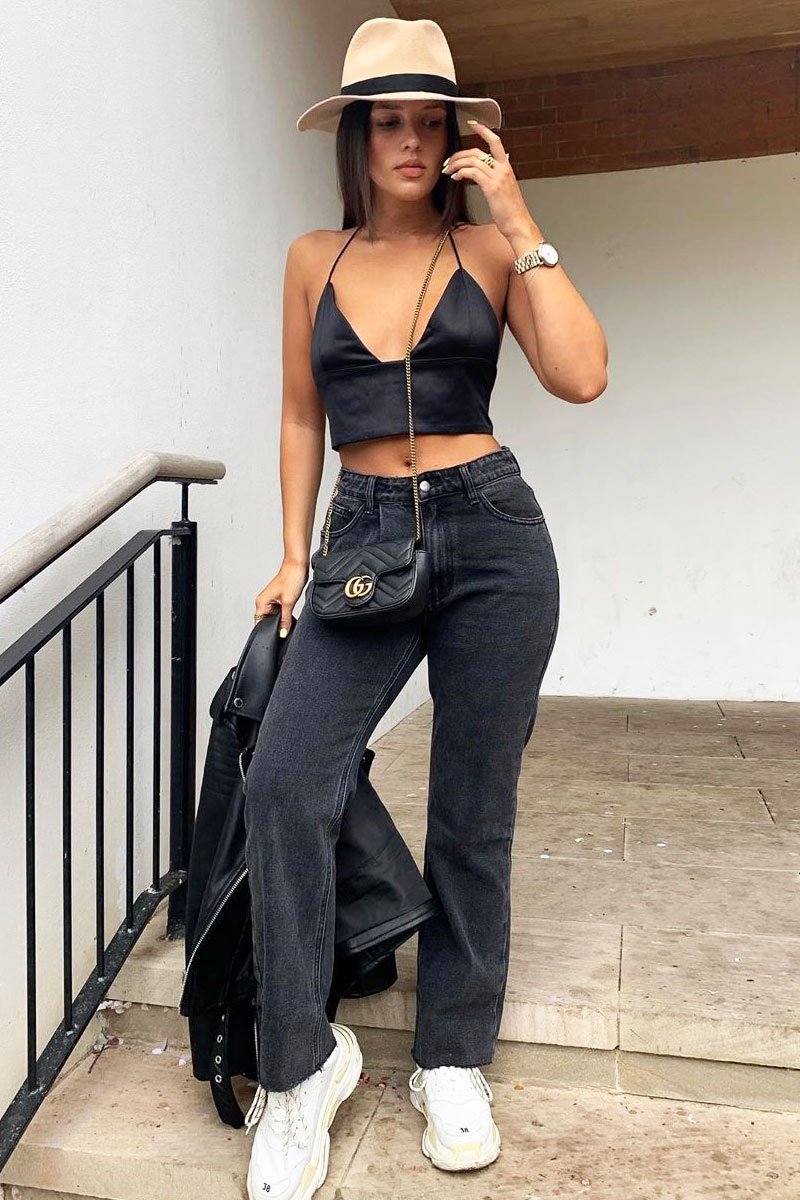 Black Satin Lace Up Plunge Triangle Bralet - Tabby-Crop Tops