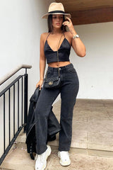 Black Satin Lace Up Plunge Triangle Bralet - Tabby-Crop Tops