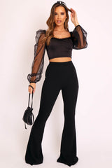 Black Satin Mesh Sleeve Ruched Detail Crop Top - Rya-Crop Tops
