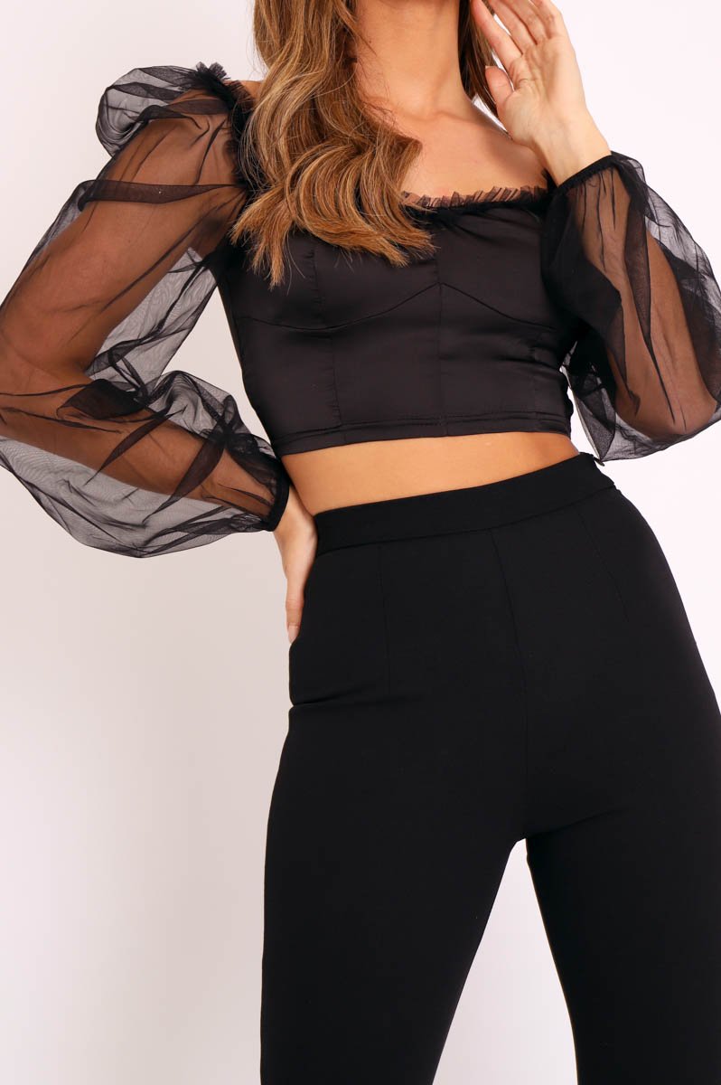 Black Satin Mesh Sleeve Ruched Detail Crop Top - Rya-Crop Tops