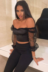 Black Satin Mesh Sleeve Ruched Detail Crop Top - Rya-Crop Tops
