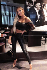 Black Satin Mesh Sleeve Ruched Detail Crop Top - Rya-Crop Tops