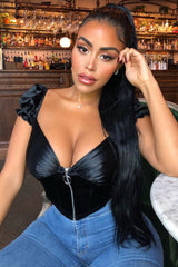 Black Satin Milkmaid Ring Zip Crop Top - Aariel-Crop Tops