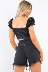 Black Satin Milkmaid Ring Zip Crop Top - Aariel-Crop Tops