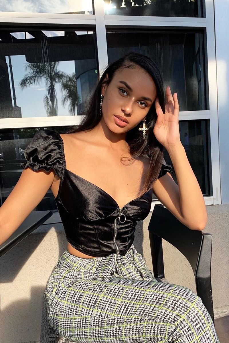 Black Satin Milkmaid Ring Zip Crop Top - Aariel-Crop Tops