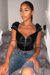 Black Satin Milkmaid Ring Zip Crop Top - Aariel-Crop Tops