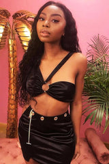 Black Satin One Shoulder Top Skirt Co-Ord - Deandria-Co-ords