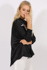 Black Satin Oversized Embroidered Jacket - North-Jackets