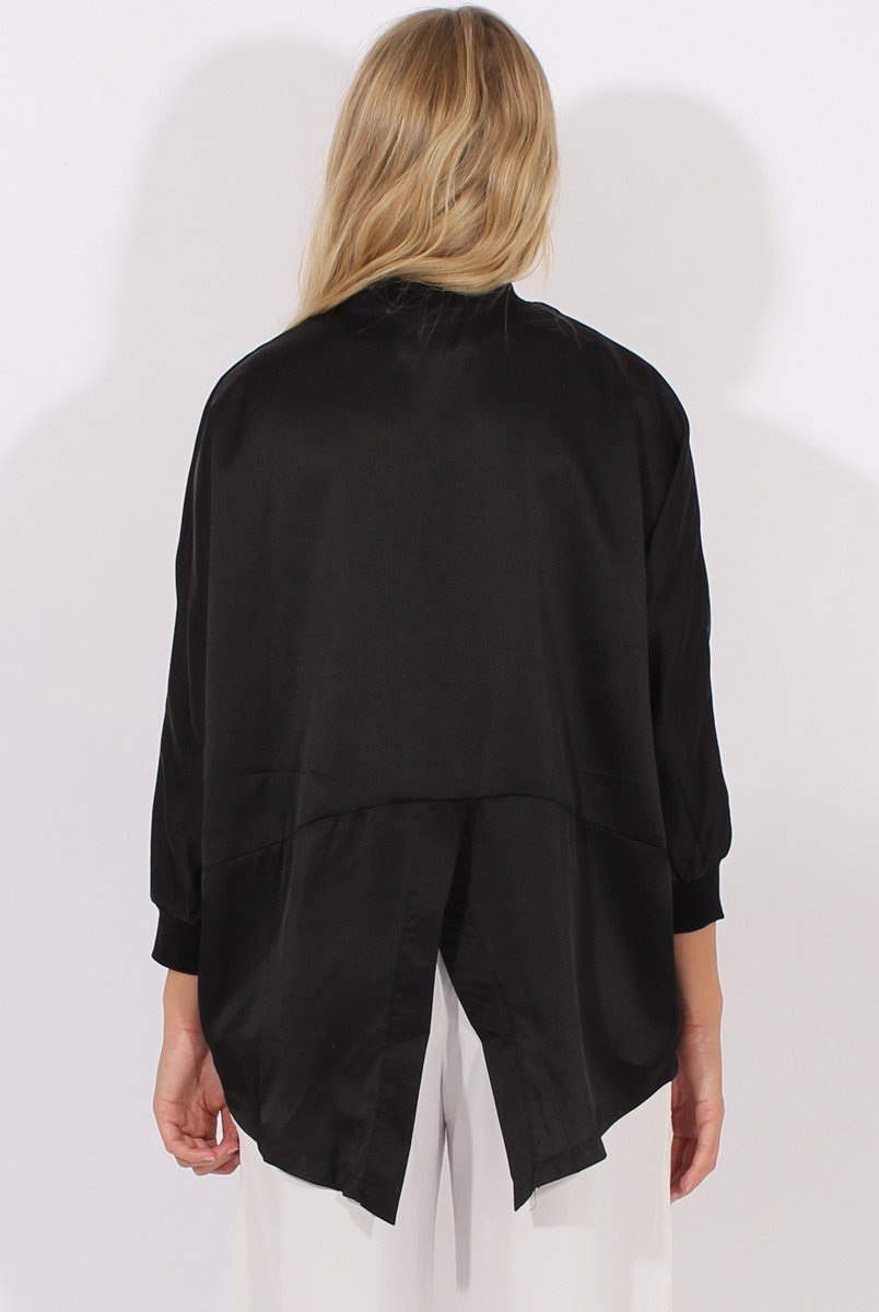 Black Satin Oversized Embroidered Jacket - North-Jackets