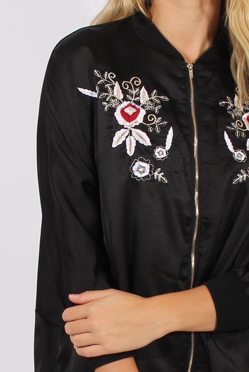 Black Satin Oversized Embroidered Jacket - North-Jackets