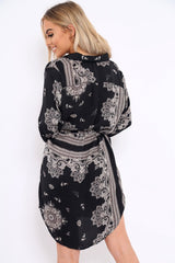 Black Satin Paisley Print Button Front Shirt Dress - Hailie-Dresses