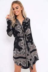 Black Satin Paisley Print Button Front Shirt Dress - Hailie-Dresses