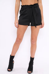 Black Satin Paper Bag Waist Shorts - Laityn-Shorts