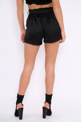 Black Satin Paper Bag Waist Shorts - Laityn-Shorts