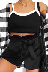 Black Satin Paper Bag Waist Shorts - Laityn-Shorts