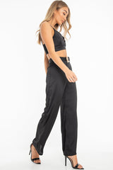 Black Satin Plunge Bralet Belted Trousers Co-Ord - Paola-Co-ords