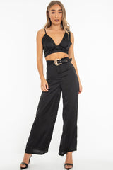 Black Satin Plunge Bralet Belted Trousers Co-Ord - Paola-Co-ords