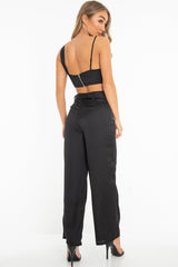 Black Satin Plunge Bralet Belted Trousers Co-Ord - Paola-Co-ords