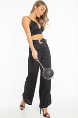 Black Satin Plunge Bralet Belted Trousers Co-Ord - Paola-Co-ords