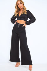 Black Satin Plunge Crop Blouse - Cailah-Tops