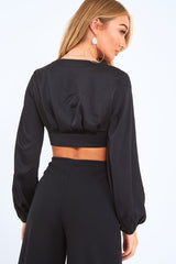 Black Satin Plunge Crop Blouse - Cailah-Tops