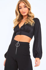 Black Satin Plunge Crop Blouse - Cailah-Tops