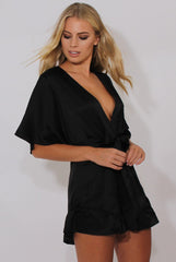 Black Satin Plunge Flared Sleeve Tied Waist Playsuit - Crystal-Playsuits