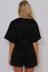 Black Satin Plunge Flared Sleeve Tied Waist Playsuit - Crystal-Playsuits