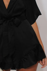Black Satin Plunge Flared Sleeve Tied Waist Playsuit - Crystal-Playsuits