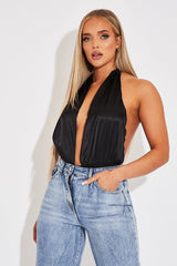 Black Satin Plunge Halter Bodysuit - Aleesia-Bodysuits