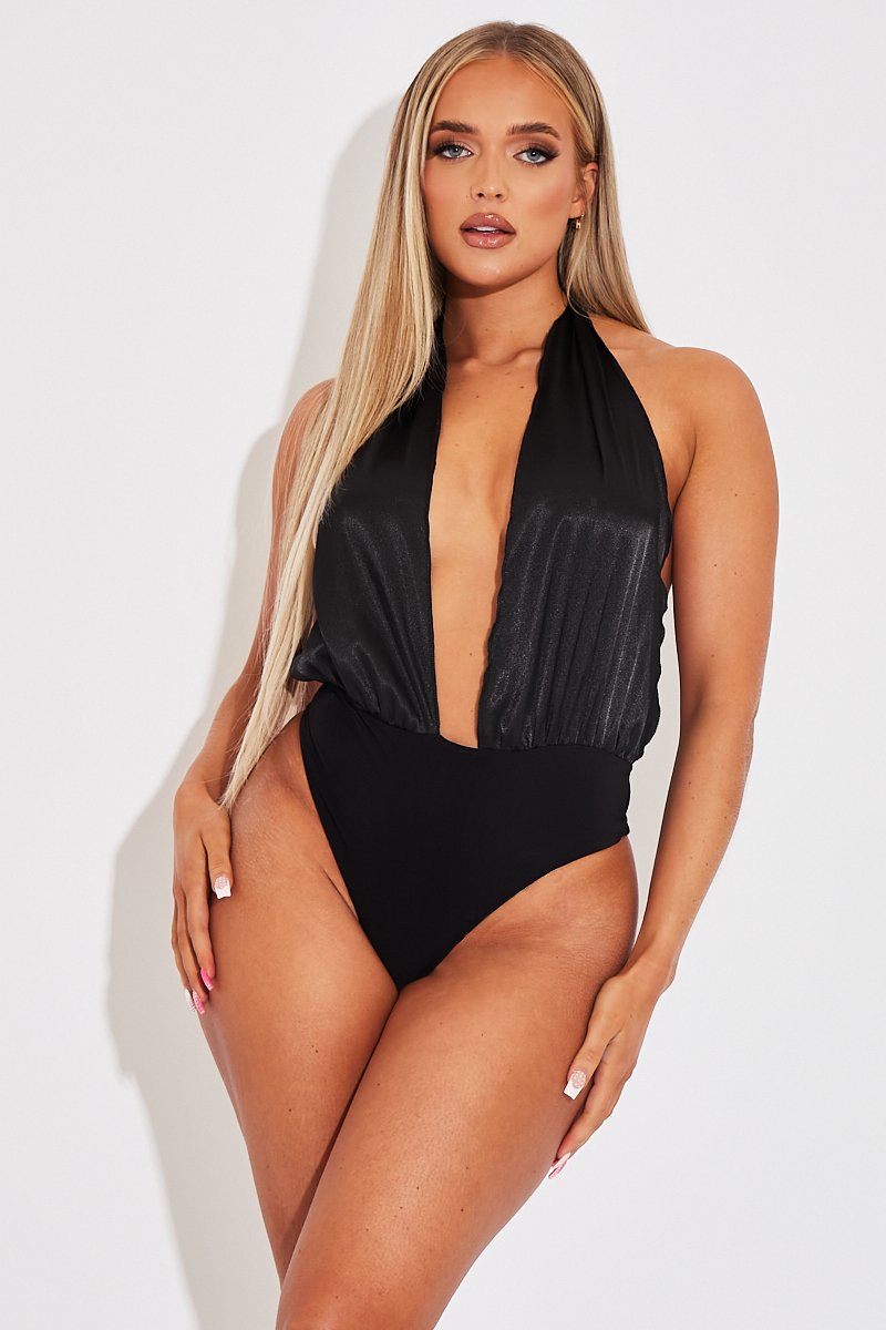 Black Satin Plunge Halter Bodysuit - Aleesia-Bodysuits