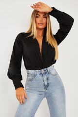 Black Satin Plunge Lapel Collar Bodysuit - Danica-Bodysuits