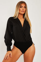 Black Satin Plunge Lapel Collar Bodysuit - Danica-Bodysuits