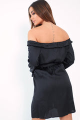 Black Satin Plunge Tie Waist Shirt Dress - Coletta-Dresses