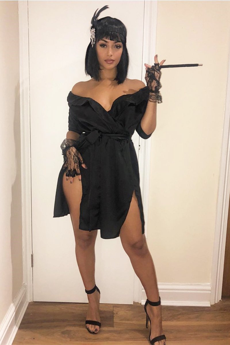Black Satin Plunge Tie Waist Shirt Dress - Coletta-Dresses