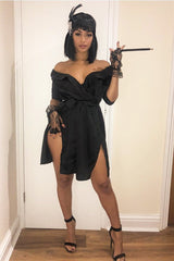 Black Satin Plunge Tie Waist Shirt Dress - Coletta-Dresses