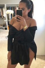 Black Satin Plunge Tie Waist Shirt Dress - Coletta-Dresses