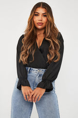 Black Satin Plunge Wrap Bodysuit - Penelopi-Bodysuits