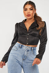 Black Satin Puff Shoulder Crop Top - Ciarra-Crop Tops