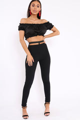 Black Satin Ruched Bardot Gypsy Crop Top - Becky-Crop Tops