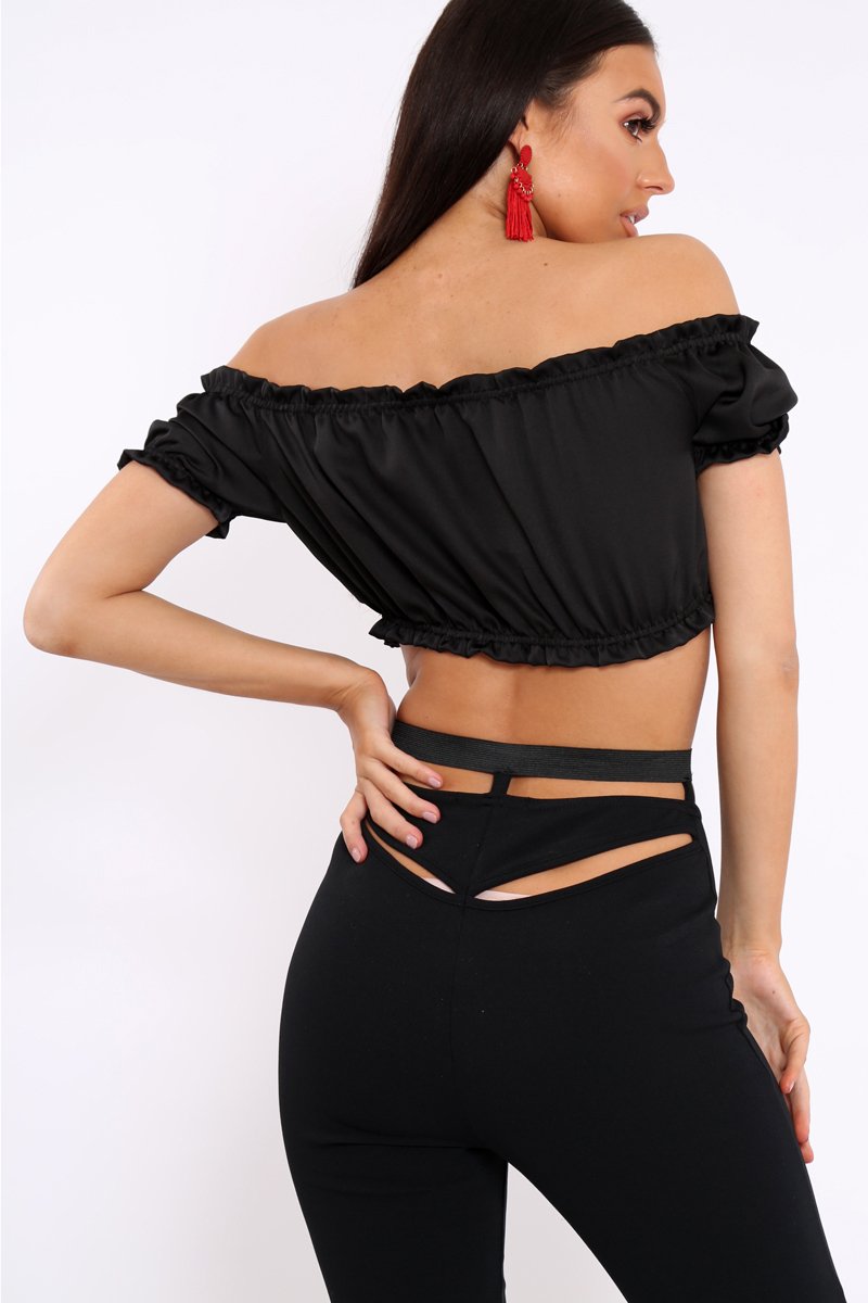 Black Satin Ruched Bardot Gypsy Crop Top - Becky-Crop Tops
