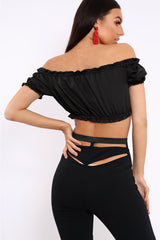 Black Satin Ruched Bardot Gypsy Crop Top - Becky-Crop Tops