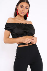Black Satin Ruched Bardot Gypsy Crop Top - Becky-Crop Tops