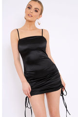 Black Satin Ruched Bodycon Dress - Aara-Dresses