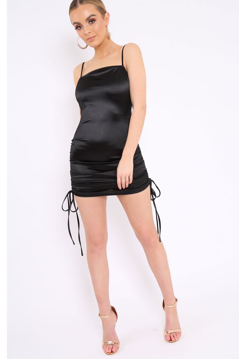 Black Satin Ruched Bodycon Dress