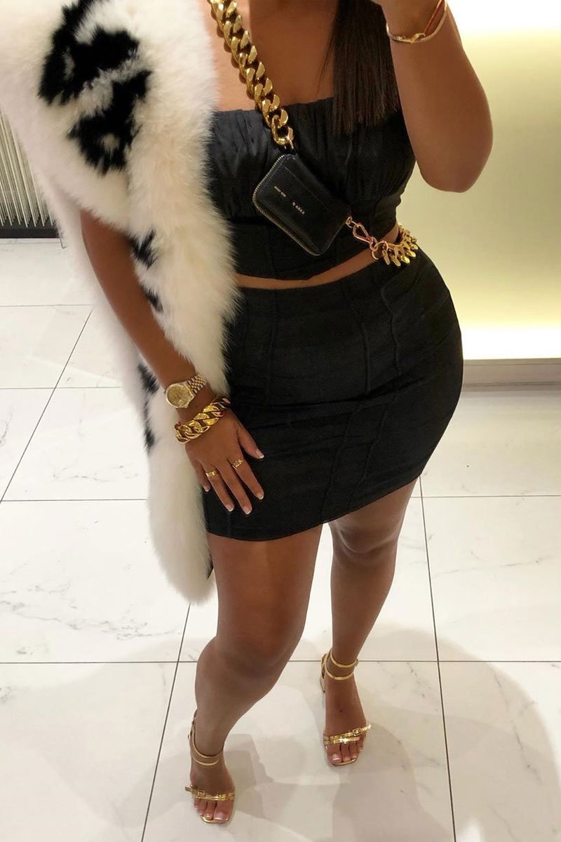 Black Satin Ruched Crop Top Seam Detail Skirt Co-ord - Dailah-Co-ords