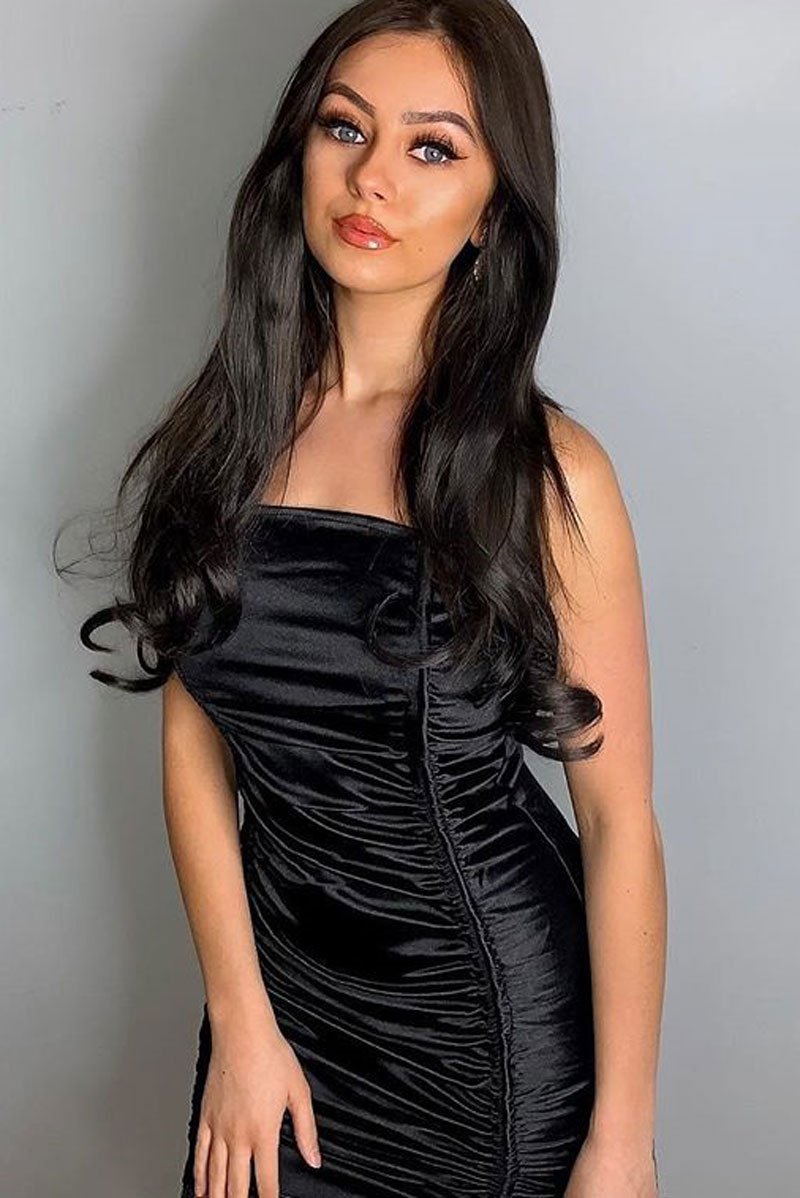 Black Satin Ruched Front Mini Dress - Delsie-Dresses