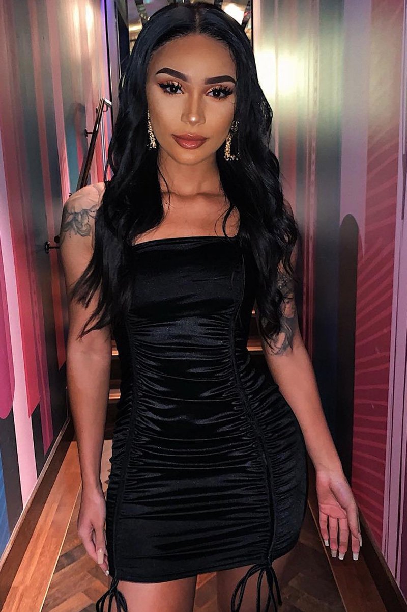 Black Satin Ruched Front Mini Dress - Delsie-Dresses