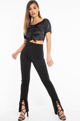 Black Satin Ruched Front Puff Sleeve Crop Top - Selina-Crop Tops